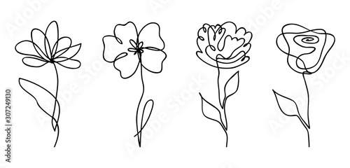 Vector set of one line drawing abstract flowers. Hand drawn modern minimalistic design for creative logo, icon or emblem