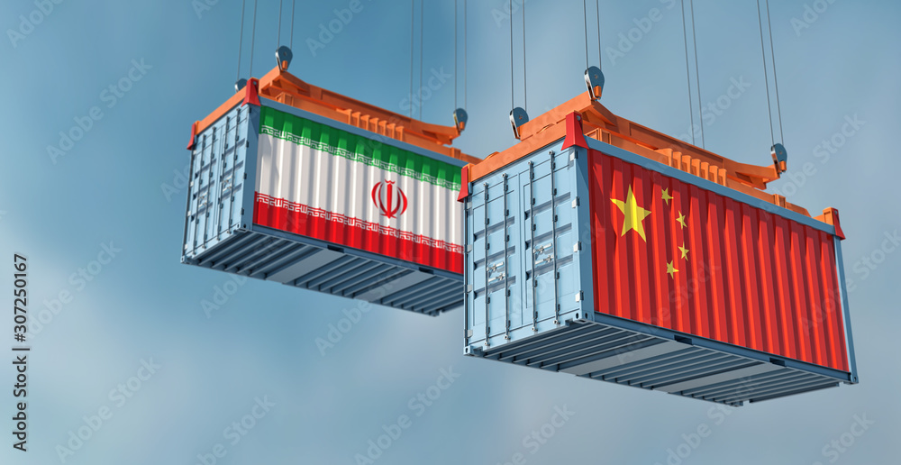 Two freight container with Iran and China flag. 3D Rendering Two freight container with Iran and China flag. 3D Rendering