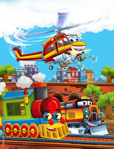 Cartoon funny looking steam train on the train station near the city and flying fireman helicopter - illustration for children © honeyflavour