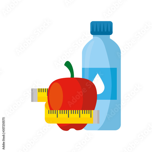 fresh apple fruit with bottle water and tape measure vector illustration design