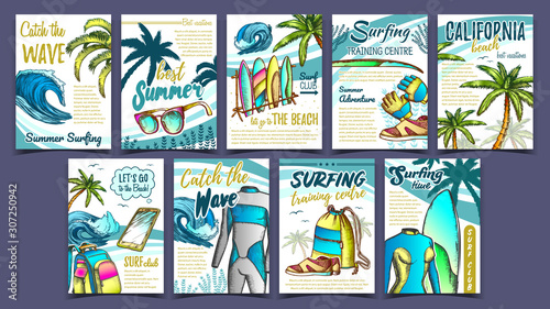 Wetsuits, Ocean Wave And Seaweed Set Banner Vector. Collection Of Advertising Posters With Swimming Suits And Surfing Boards, Trees And Sunglasses, Smartphone And Clothing Illustrations