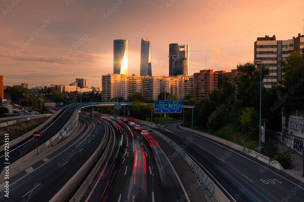 Highway and Madrid's four towers, Spain.