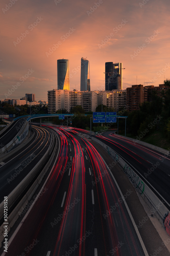 Highway and Madrid's four towers, Spain.