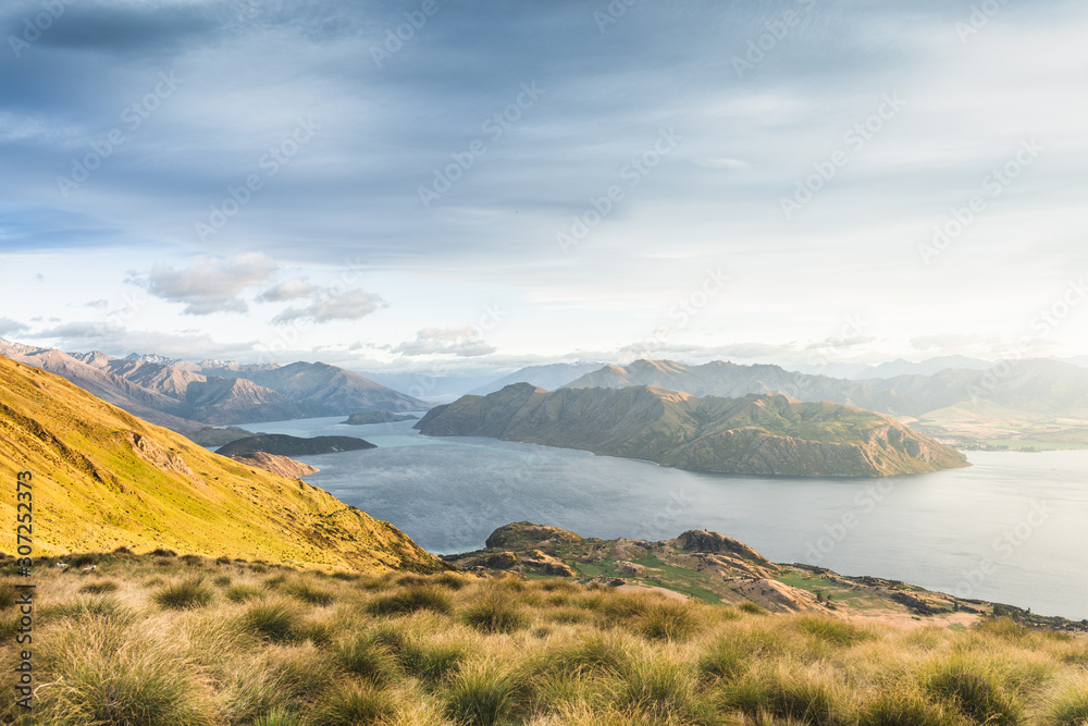 Fototapeta premium New Zealand Landscape. Lake View From Mountain Peak. Roys Peak Wanaka South Island NZ. Popular Travel Tourism Destination.