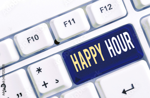 Text sign showing Happy Hour. Business photo showcasing Spending time for activities that makes you relax for a while White pc keyboard with empty note paper above white background key copy space photo