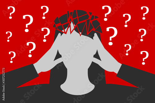 Woman is suffering from headache caused by unresolved questions