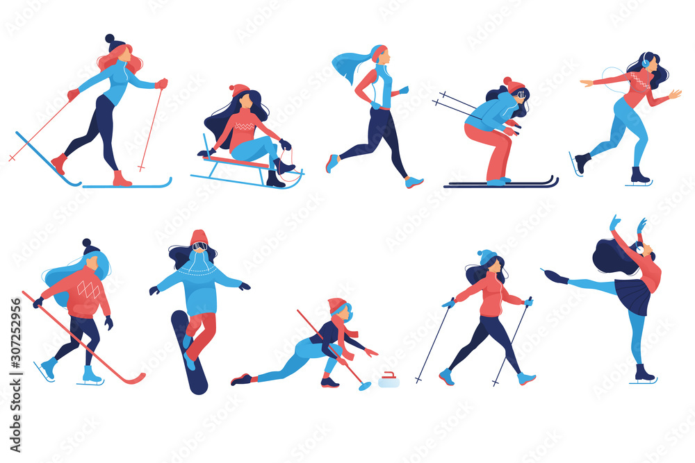Naklejka Zestaw ilustracji sportów zimowych. Zimowe igrzyska olimpijskie. Kobieta robi łyżwiarstwo, narciarstwo, snowboard, dziewczyna na saniach, hokej, curling, narciarz, figura, gry na świeżym powietrzu na śniegu, postacie z kreskówek. Wektor