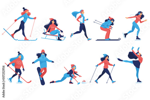 Set of Winter sport illustrations. Winter olympic games. Woman make ice skating  skiing  snowboarding  girl on sleigh  Hockey  curling   skier  Figure  outdoor snow games  cartoon characters. Vector