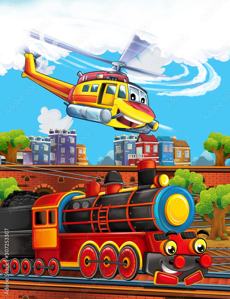 Fototapeta: Cartoon funny looking steam train on the train station near the city and flying emergency... #307253307 ' Fototapeta: Cartoon funny looking steam train on the train station near the city and flying emergency... #307253307 '