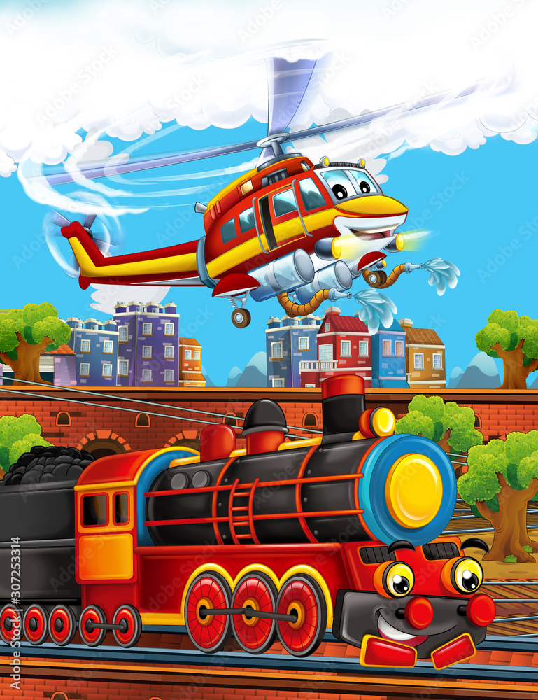 Cartoon funny looking steam train on the train station near the city and flying fireman helicopter - illustration for children