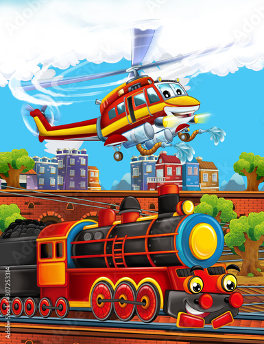 Cartoon funny looking steam train on the train station near the city and flying fireman helicopter - illustration for children © honeyflavour