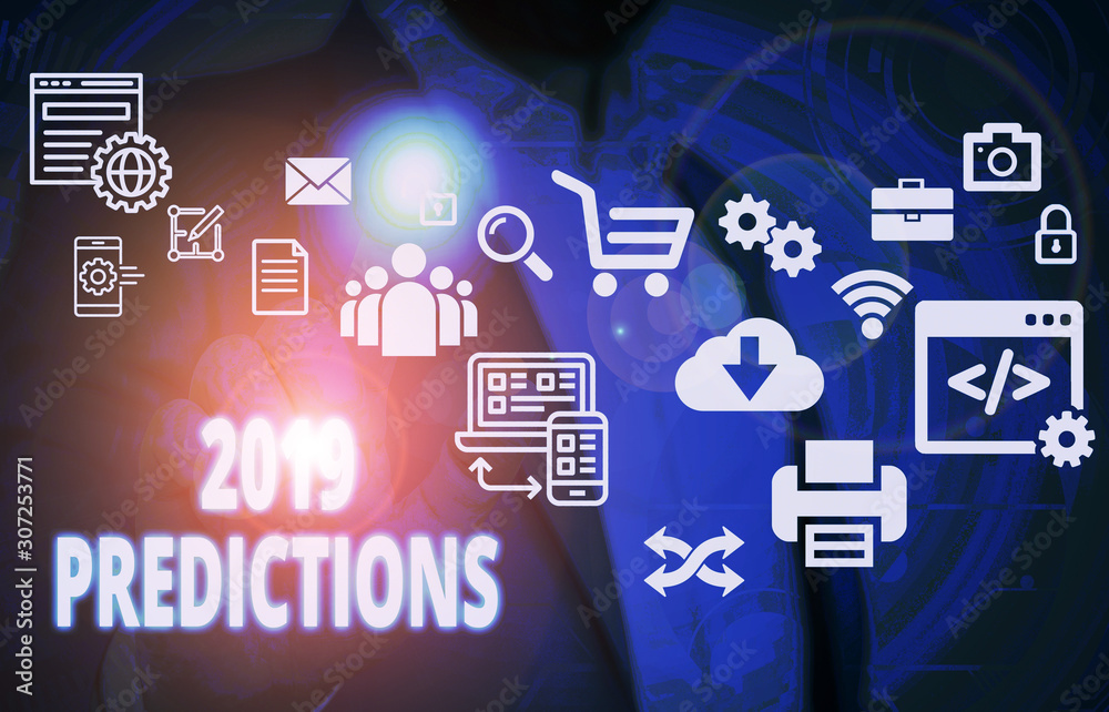 Naklejka premium Handwriting text 2019 Predictions. Conceptual photo statement about what you think will happen in 2019 Male human wear formal work suit presenting presentation using smart device