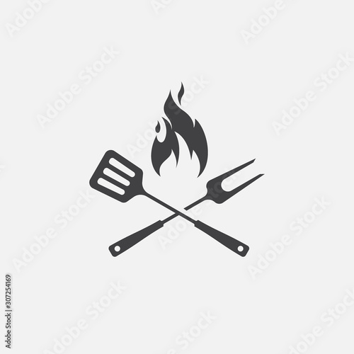 BBQ with flame icon, Grill sign meat and food icon, fork and spatula Barbeque icon symbol, Barbeque Icon Vector Illustration Sign