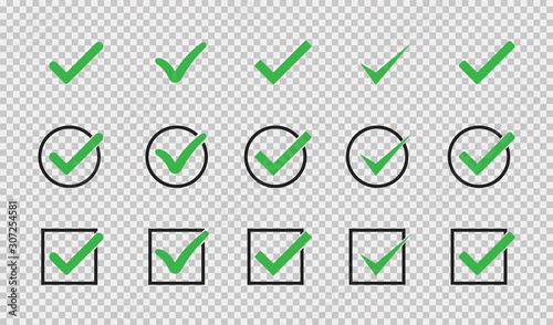 Green checkmark isolated vector icons. Vote symbol tick. Approved icon. Check mark icon set. Tick checkmark check list button icon.