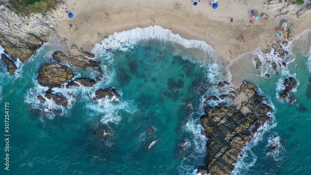 Conchas Chinas beach in Puerto Vallarta. Aerial drone view of beach in Jalisco Mexico.