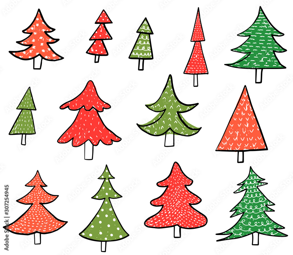 Obraz premium Hand drawn doodle Christmas vector trees in green and red colors for holiday greeting cards, icons and graphic design