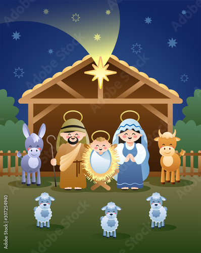 Christmas Nativity Scene. The Holy Family, Donkey, Bull, Sheeps and the shooting star of Bethlehem. Vector illustration without transparency.