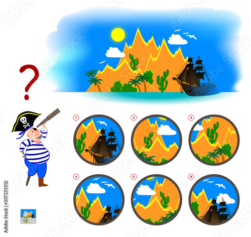 Logical puzzle game for children and adults. Find the correct view which pirate sees in spyglass. Printable page for kids brain teaser book. Developing spatial thinking skills. IQ training test.