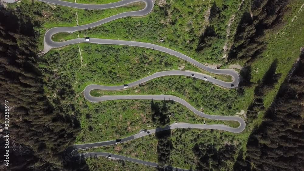 Overhead aerial view of hairpin turns of Silvretta-Bielerhohe High Alpine Road in Vorarlberg, Austria. Overhead aerial view of hairpin turns of Silvretta-Bielerhohe High Alpine Road in Vorarlberg, Austria.