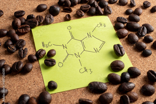 Coffee beans with hand drawn caffeine formula