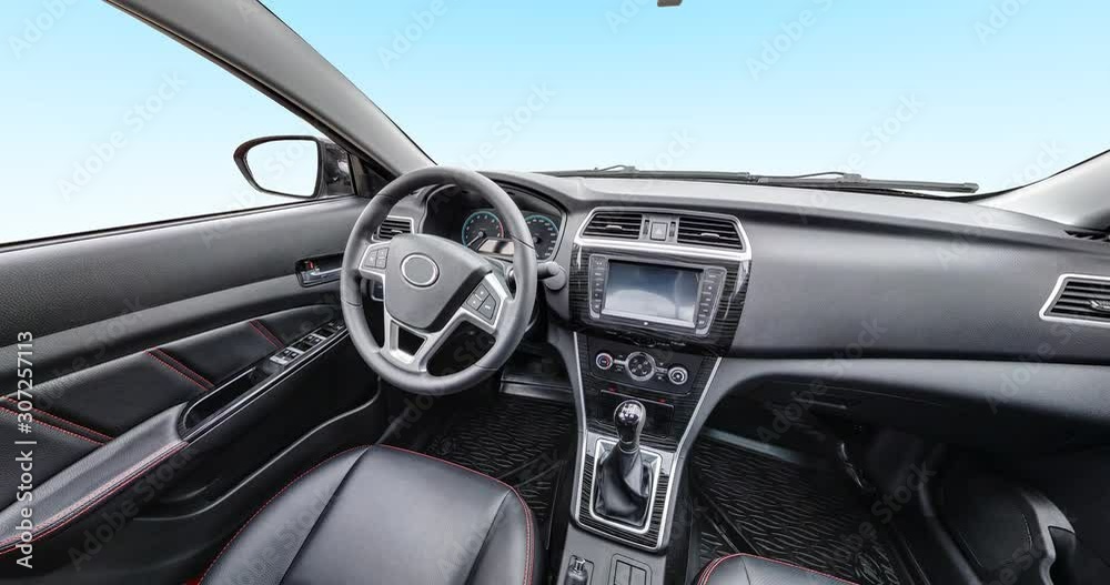 panorama in interior leather salon of prestige modern car. steering wheel, shift lever and dashboard H panorama in interior leather salon of prestige modern car. steering wheel, shift lever and dashboard H