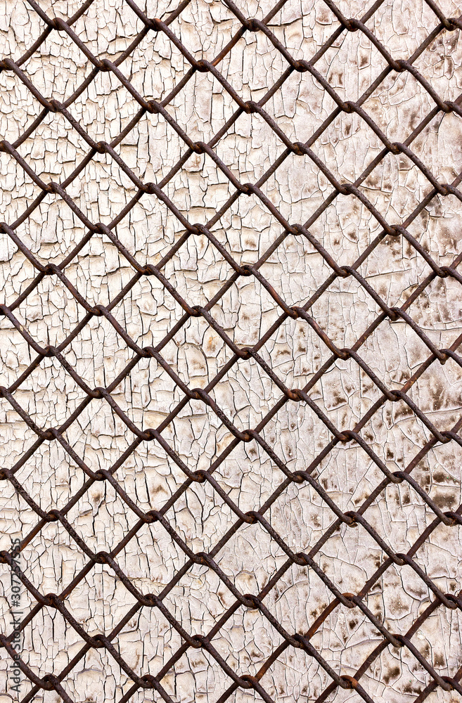 Fototapeta premium metal grid on cracked wood background