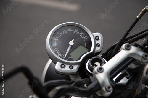 Vintage Motorcycle screen displayed speedometer,.Concept: Odometer control classic old instrument panel layout