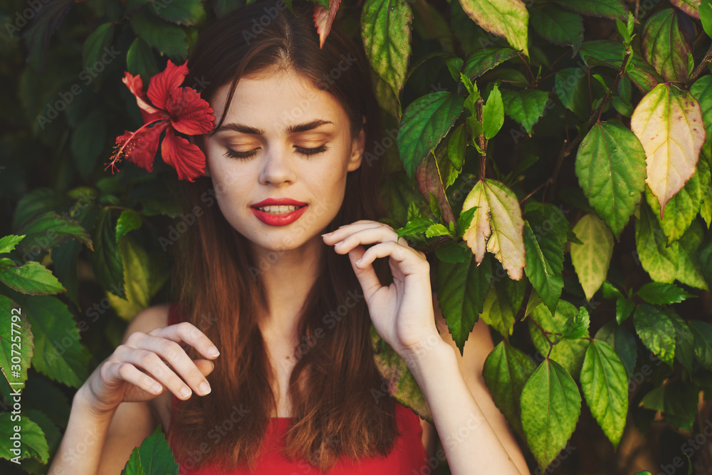 beautiful woman green leaves nature rest beautiful woman green leaves nature rest