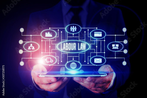Handwriting text writing Labour Law. Conceptual photo Rules implemented by the state between employers and employee Male human wear formal work suit presenting presentation using smart device