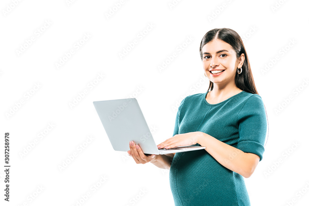 smiling pregnant girl holding laptop isolated on white smiling pregnant girl holding laptop isolated on white