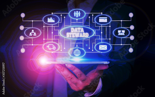 Conceptual hand writing showing Data Steward. Concept meaning responsible for utilizing an organization s is data governance Male wear formal suit presenting presentation smart device