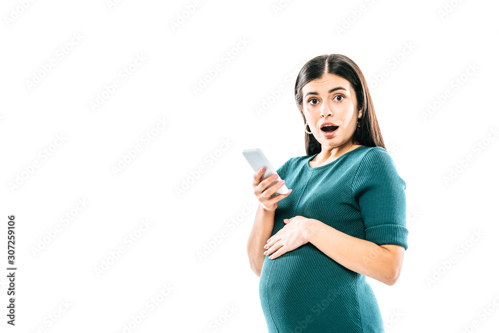 shocked pregnant girl using smartphone isolated on white shocked pregnant girl using smartphone isolated on white