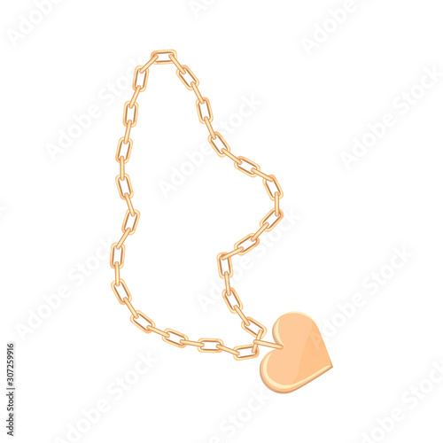 Gold heart pendant on chain. Love symbol isolated on white background.