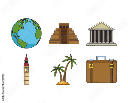 icon set of travel and monuments of the world, colorful design