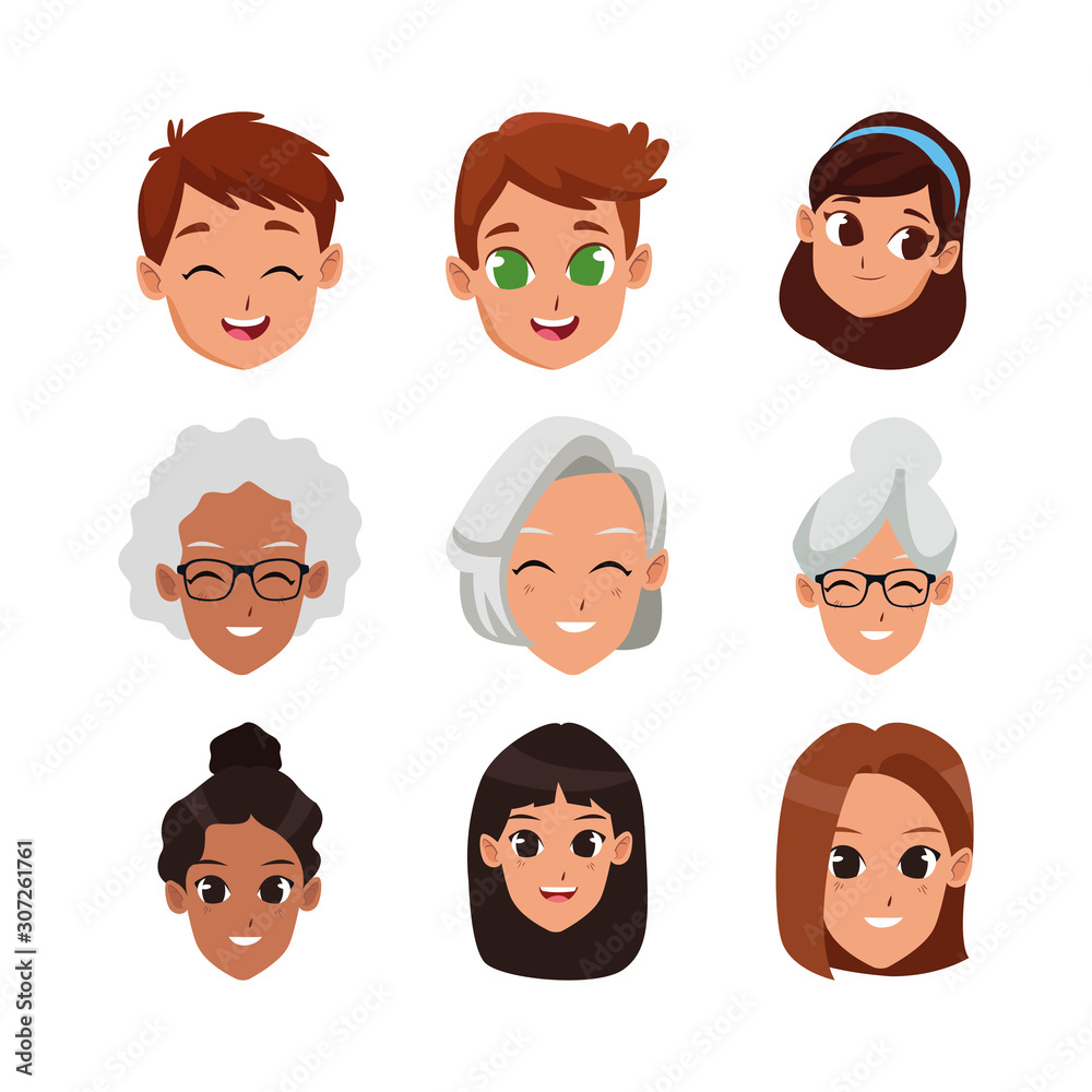 cartoon women and kids faces icon set, flat design cartoon women and kids faces icon set, flat design
