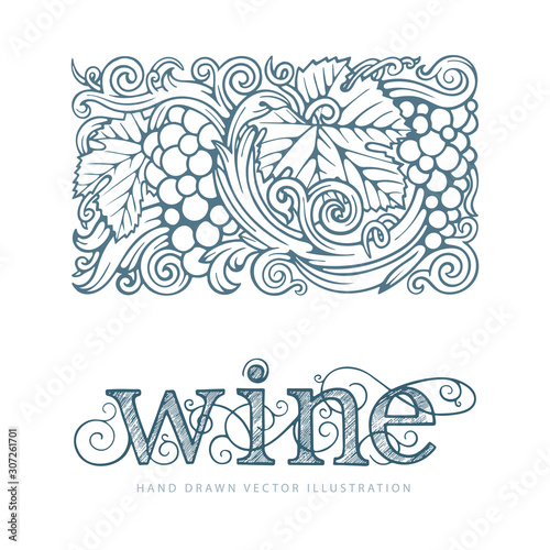 Grape and vine. Vector lettering Wine. Hand drawn grape and vine ornament with text wine. Bunch of grapes vector design element.  Wine theme vintage style ornament. 