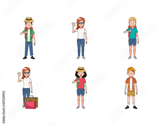 icon set of young travel people with suitcases, colorful design