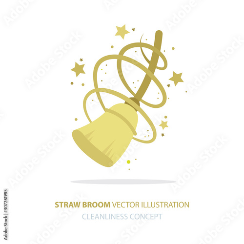 Broom. Straw broom vector illustration. Cleanliness and tidiness concept metaphor. Part of set. 