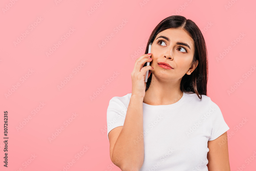 dreamy pretty brunette girl talking on smartphone isolated on pink dreamy pretty brunette girl talking on smartphone isolated on pink