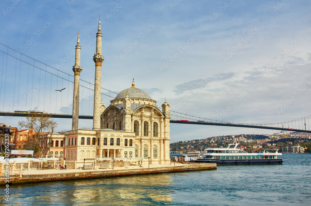 a beautiful view of Ortakoy Mosque and Bosphorus bridge in Istanbul,