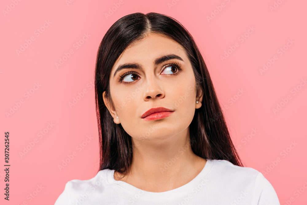portrait of dreamy pretty brunette girl isolated on pink portrait of dreamy pretty brunette girl isolated on pink