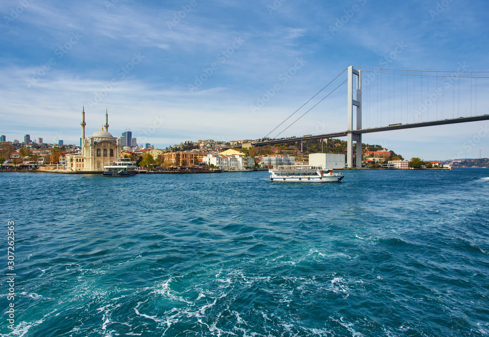 a beautiful view of Ortakoy Mosque and Bosphorus bridge in Istanbul,