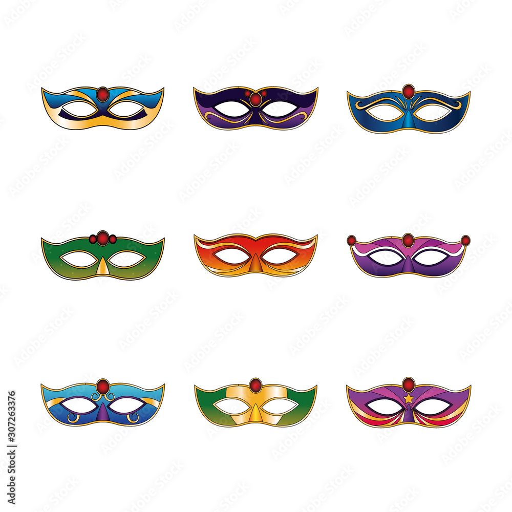 icon set of carnival masks, colorful design icon set of carnival masks, colorful design