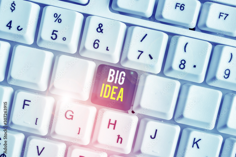 Word writing text Big Idea. Business photo showcasing Having great creative innovation solution or way of thinking White pc keyboard with empty note paper above white background key copy space Word writing text Big Idea. Business photo showcasing Having great creative innovation solution or way of thinking White pc keyboard with empty note paper above white background key copy space