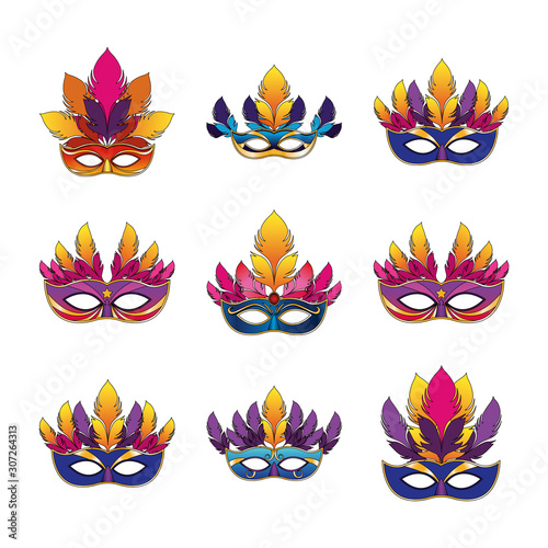 icon set of carnival masks with feathers, colorful design