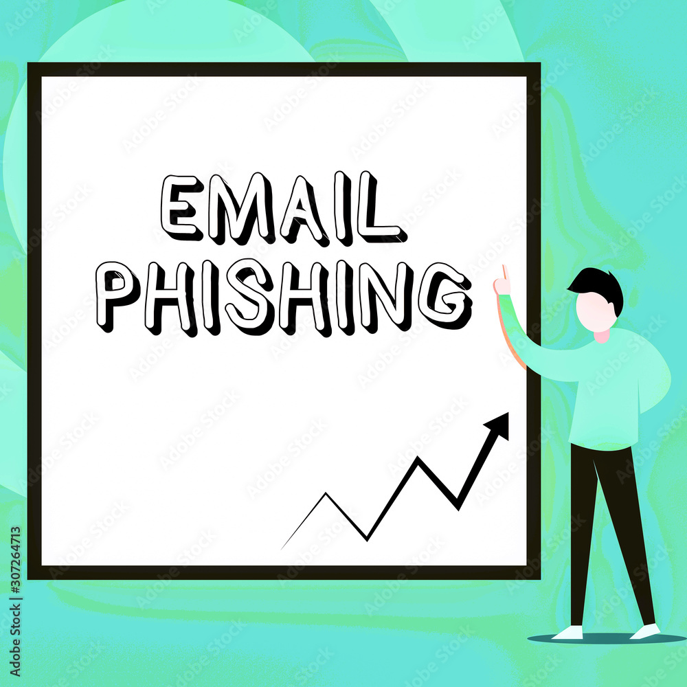 Conceptual hand writing showing Email Phishing. Concept meaning Emails that may link to websites that distribute malware Man standing pointing up blank rectangle Geometric background