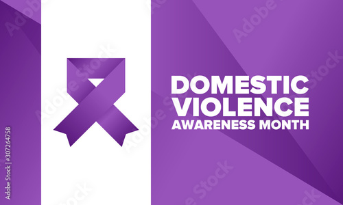 Domestic Violence Awareness Month in October. Celebrate annual in United States. Awareness purple ribbon. Day of Unity. Prevention campaign. Stop women abuse. Poster, banner and background. Vector