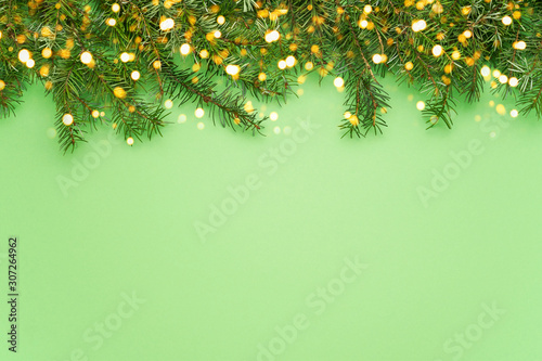 Christmas background. Christmas fir tree branch on green background. Copy space