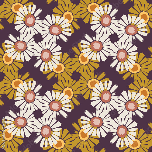 1970 s Retro Daisy Wildflower Motif Background. Naive Margerite Flower Seamless Pattern. White on Brown. Delicate Leaves Hand Drawn Textile. Bold Summer Bloom Vintage Repeat Illustration. Vector EPS 1