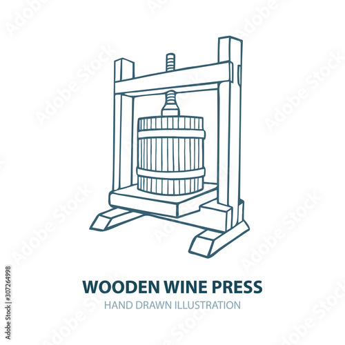 Wine press. Hand drawn wooden wine press vector illustration. Grape press sketch drawings set. Wine making theme concept design. Part of set. 